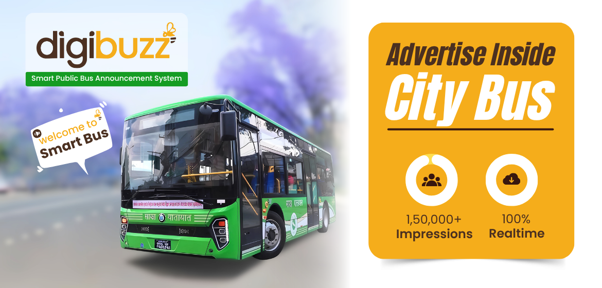 Digibuzz smart public bus announcement system on Sajha Yatayat city bus — affordable advertising in Nepal with 1,50,000+ impressions
